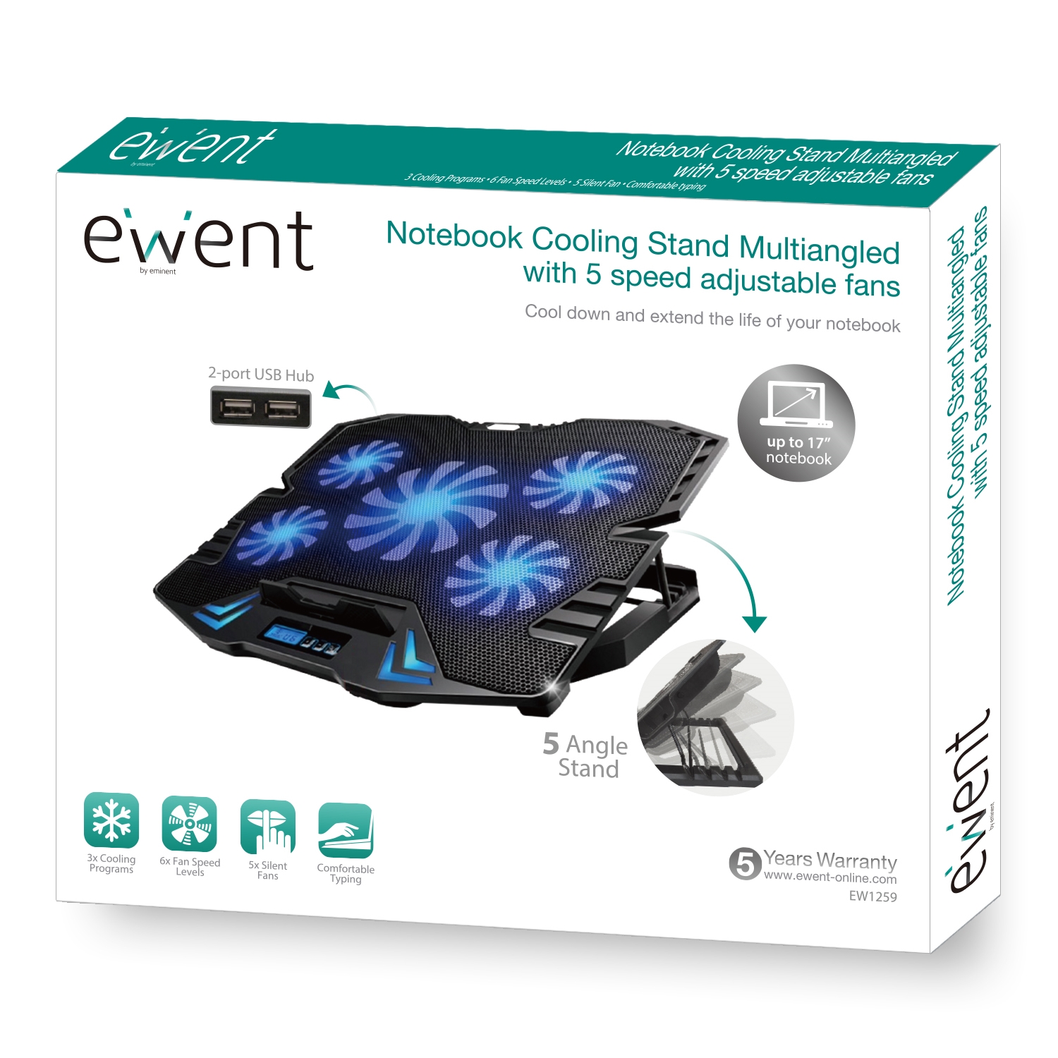 Base de Refrigeração para Portátil com 5 ventoinhas, 2 Portas USB, 5 velocidades e 2 modos de arrefecimento