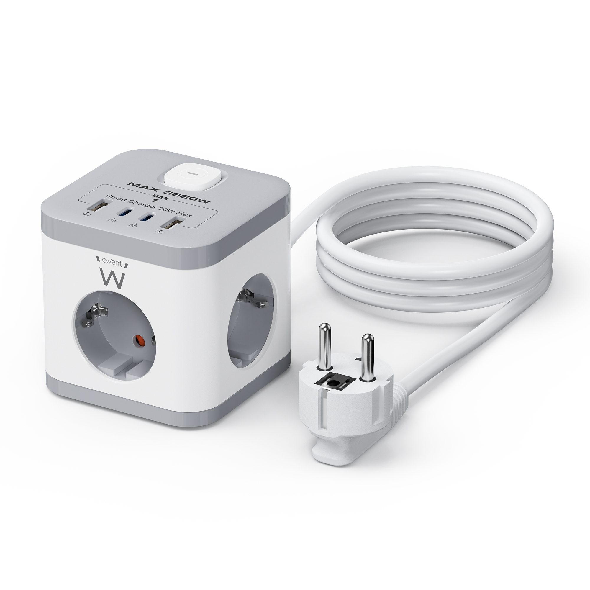 Bloco Tomada Ewent EW3863 3 Tomadas Schuko 16A + 2 USB-A + 2 USB-C 2m Cinza