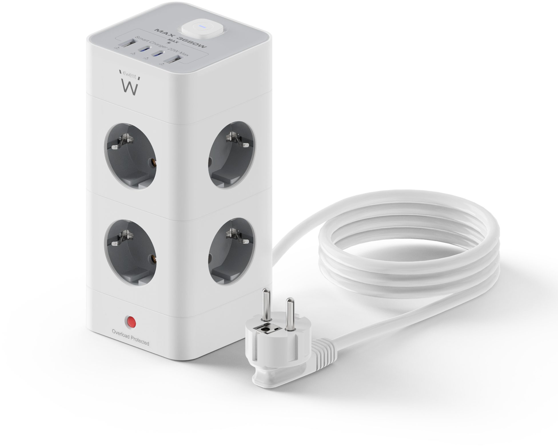Bloco Tomada Ewent EW3864 8 Tomadas Schuko 16A + 2 USB-A + 2 USB-C 2m Cinza
