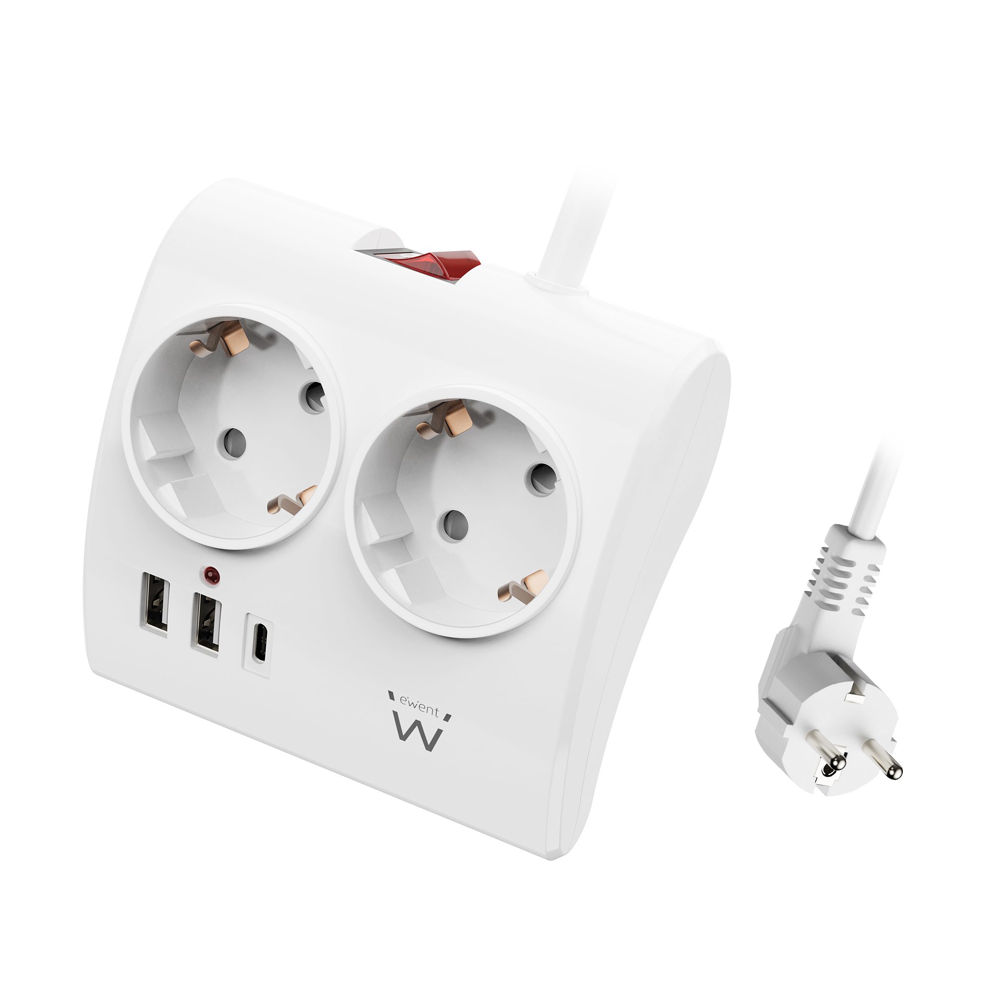 Tomada Ewent EW3870 2 Tomadas Schuko 16A + 2 USB-A + 1USB-C 1.5m Branca