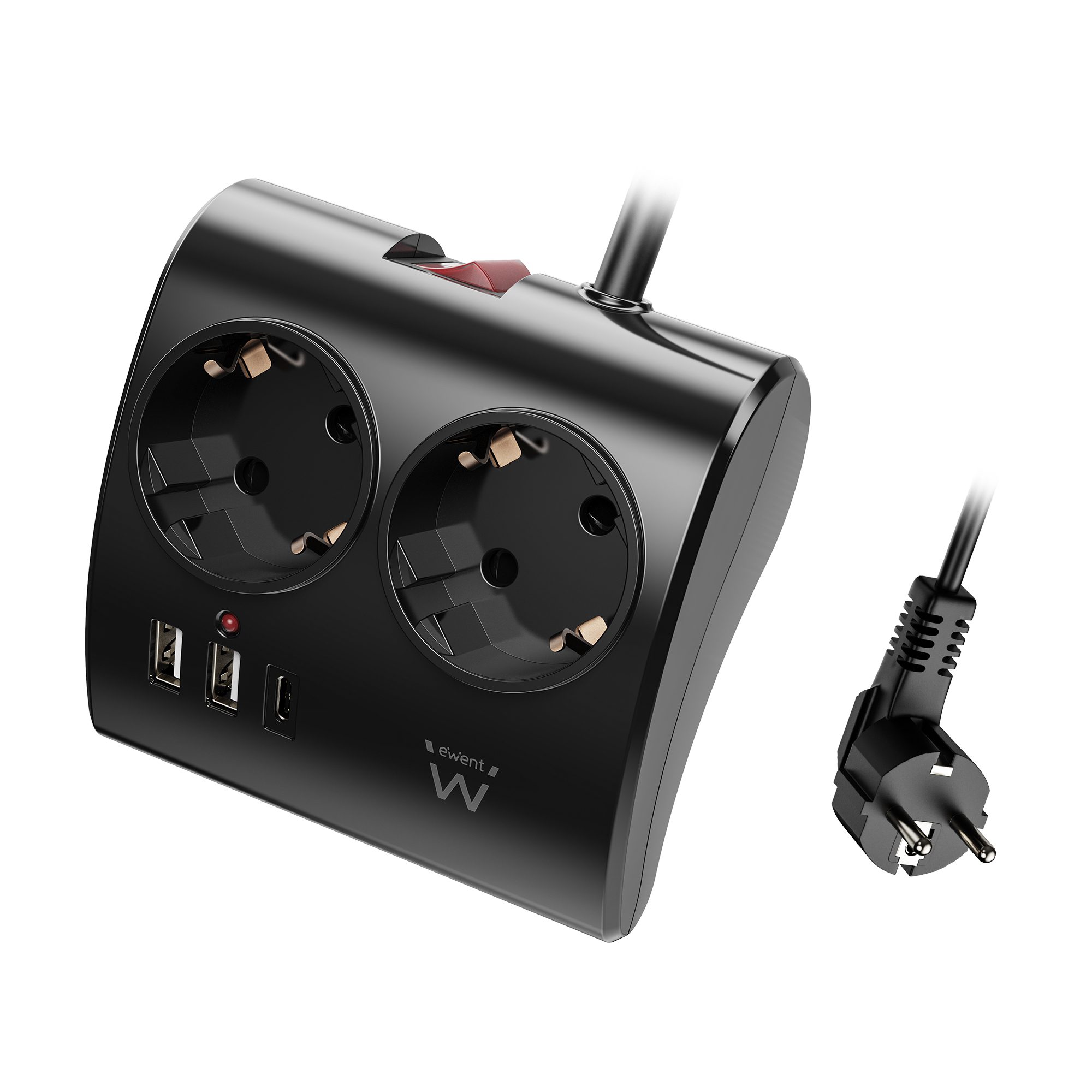 Tomada Ewent EW3871 2 Tomadas Schuko 16A + 2 USB-A + 1USB-C 1.5m Preta