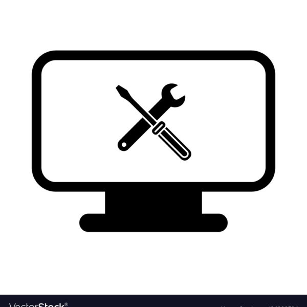 repair computer icon. PC laptop and tool sign isolated on white. Flat solid icon. Eps 10