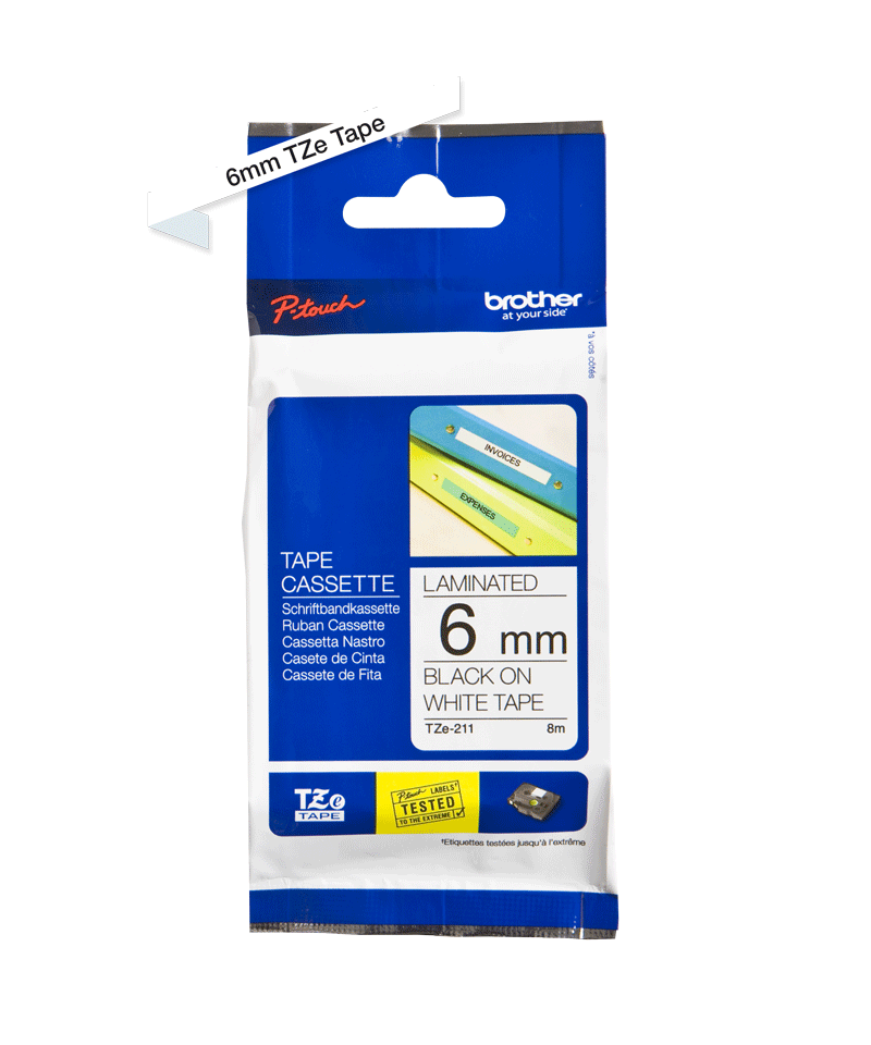 Fita Laminada 6mm - Branco-Preto. para P-Touch
